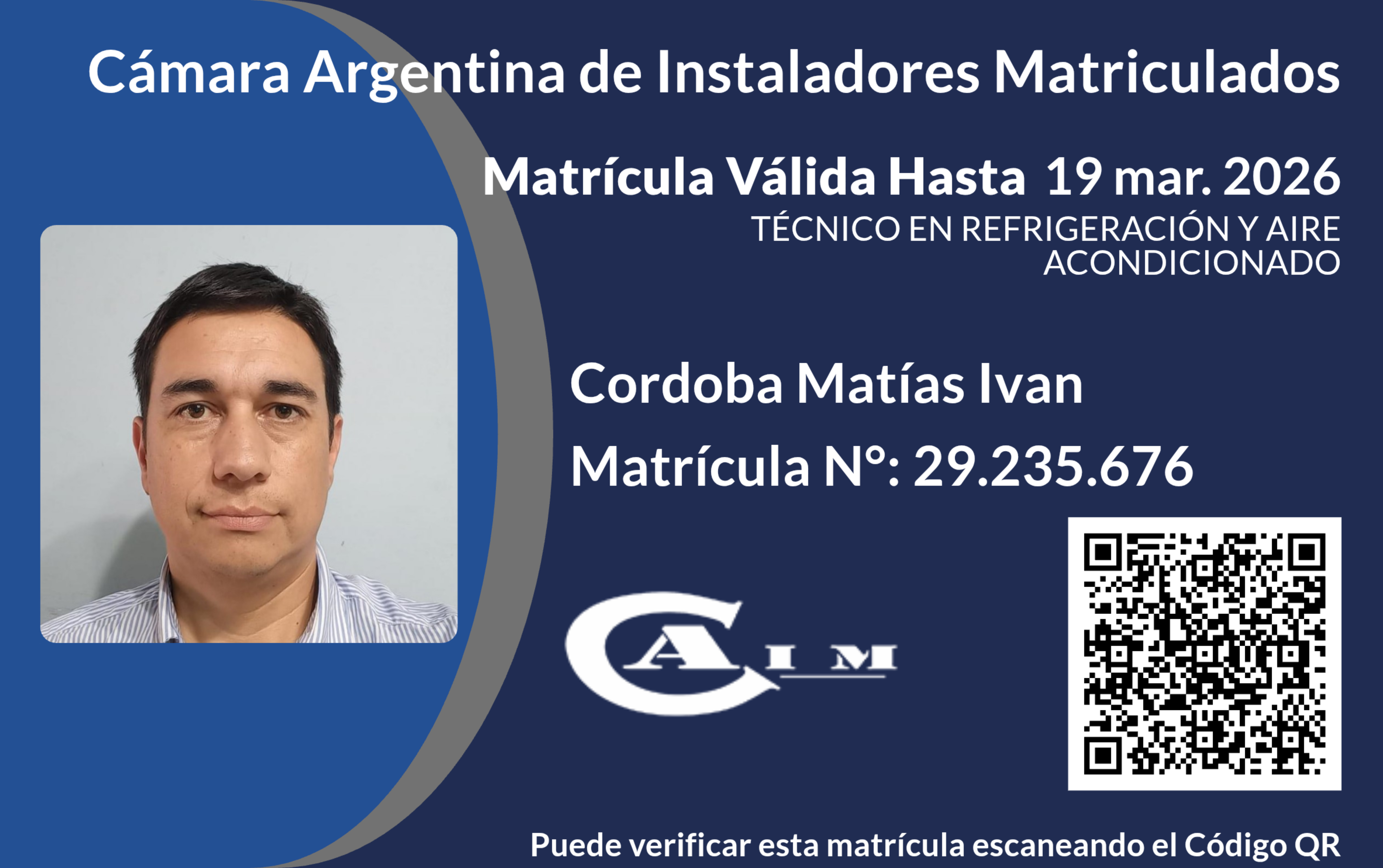 Matrícula Profesional CAIM de Matías Córdoba